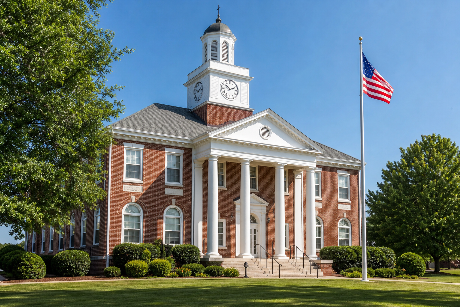 A small-town brick town hall with a white clock tower and American flag